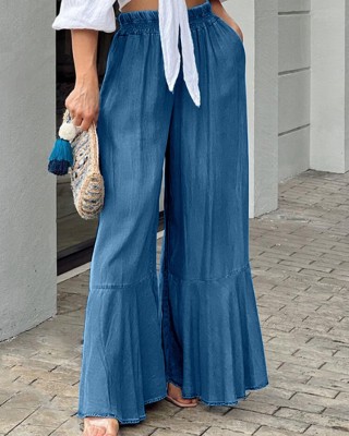 Leisure Solid Ruffle Wide Leg Pocket Pants