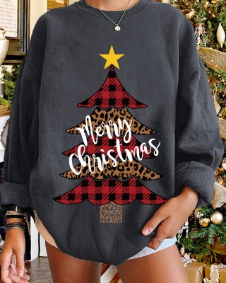 Women Christmas Tree Printed Letter Round Neck Casual Pullover Sweatshirt