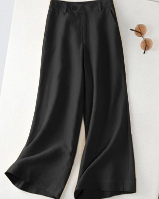 Leisure Solid Button Pocket Wide Leg Cotton Pants