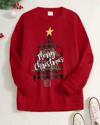 Women Christmas Tree Printed Letter Round Neck Casual Pullover Sweatshirt