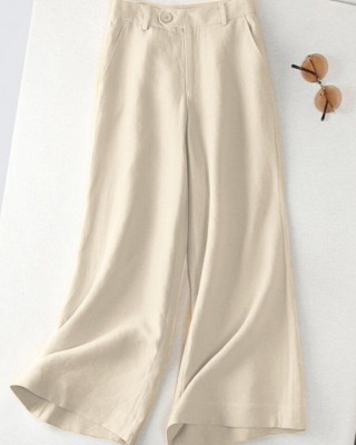 Leisure Solid Button Pocket Wide Leg Cotton Pants